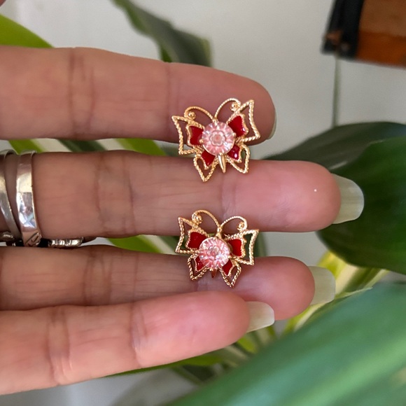 Jewelry - Gold-Tone Red Floral Butterfly Stud Earrings